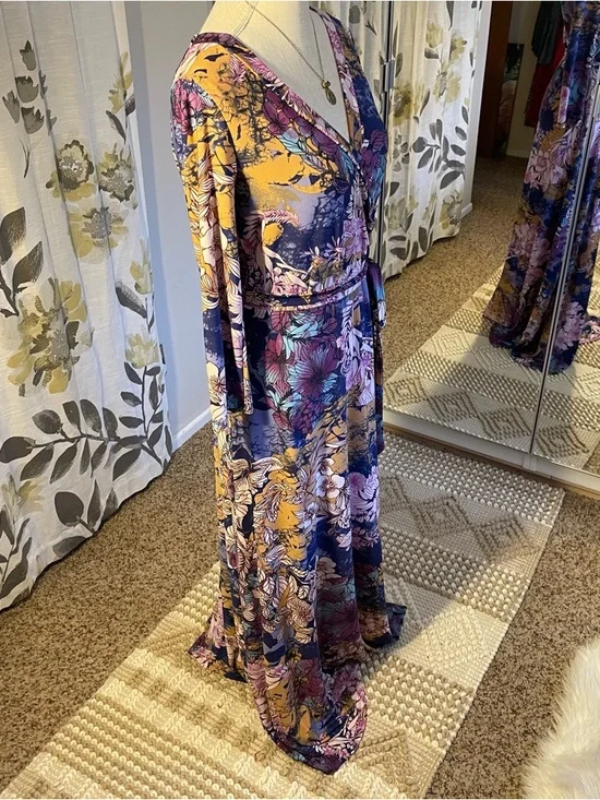 Floral Wrap Maxi Dress in Purple Navy and Mustard - Picture 5 of 7